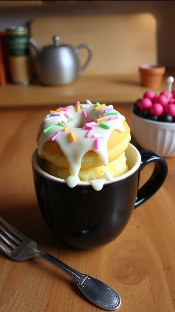 A delicious donut mug cake with icing and sprinkles in a cozy kitchen setting.
